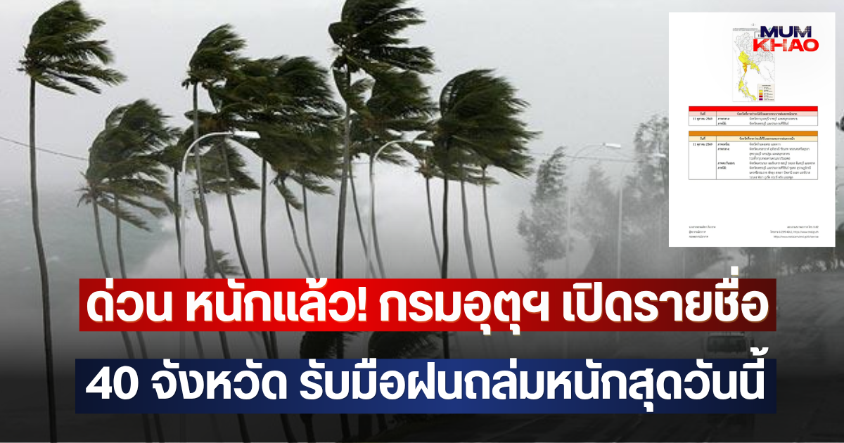 ด่วน หนักแล้ว! กรมอุตุฯ เปิดรายชื่อ40 จังหวัด รับมือฝนถล่มหนักสุดวันนี้