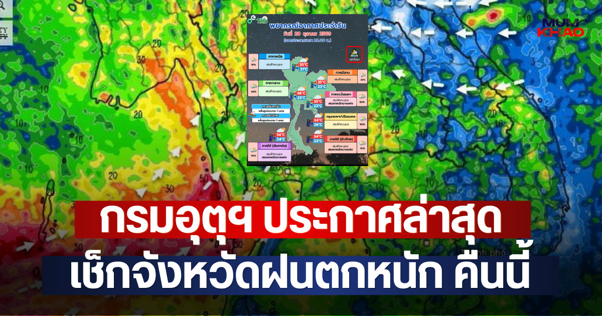กรมอุตุฯ ประกาศล่าสุด เช็กจังหวัดฝนตกหนัก คืนนี้